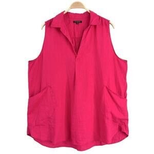 100% Linen Top sz 3X PINK Sleeveless Oversized V Neck Collar Pockets Pleats